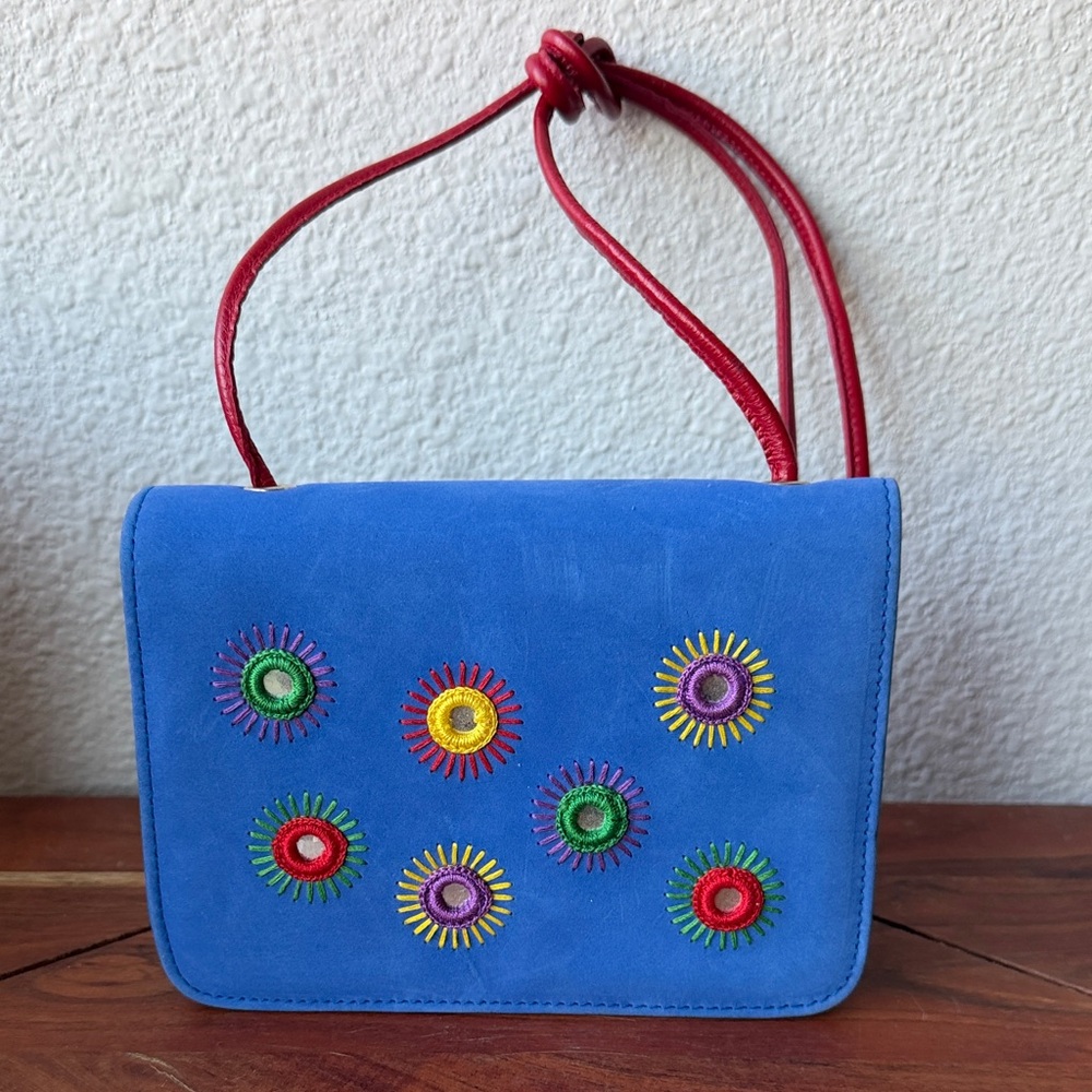 Donald J. Pliner Blue Suede Crossbody with Multicolor Embroidery and Red Strap